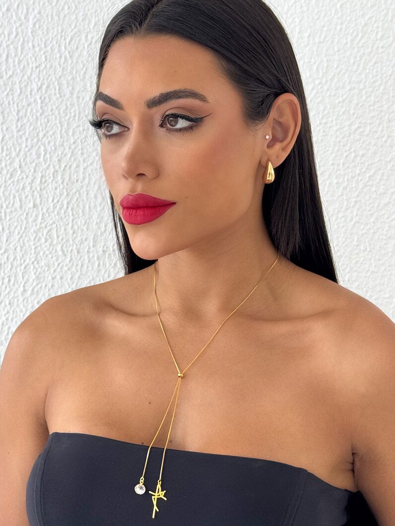 Colar Folheado a Ouro 18k Gravatinha Com Ponto de Luz e Pingente 'FÉ'