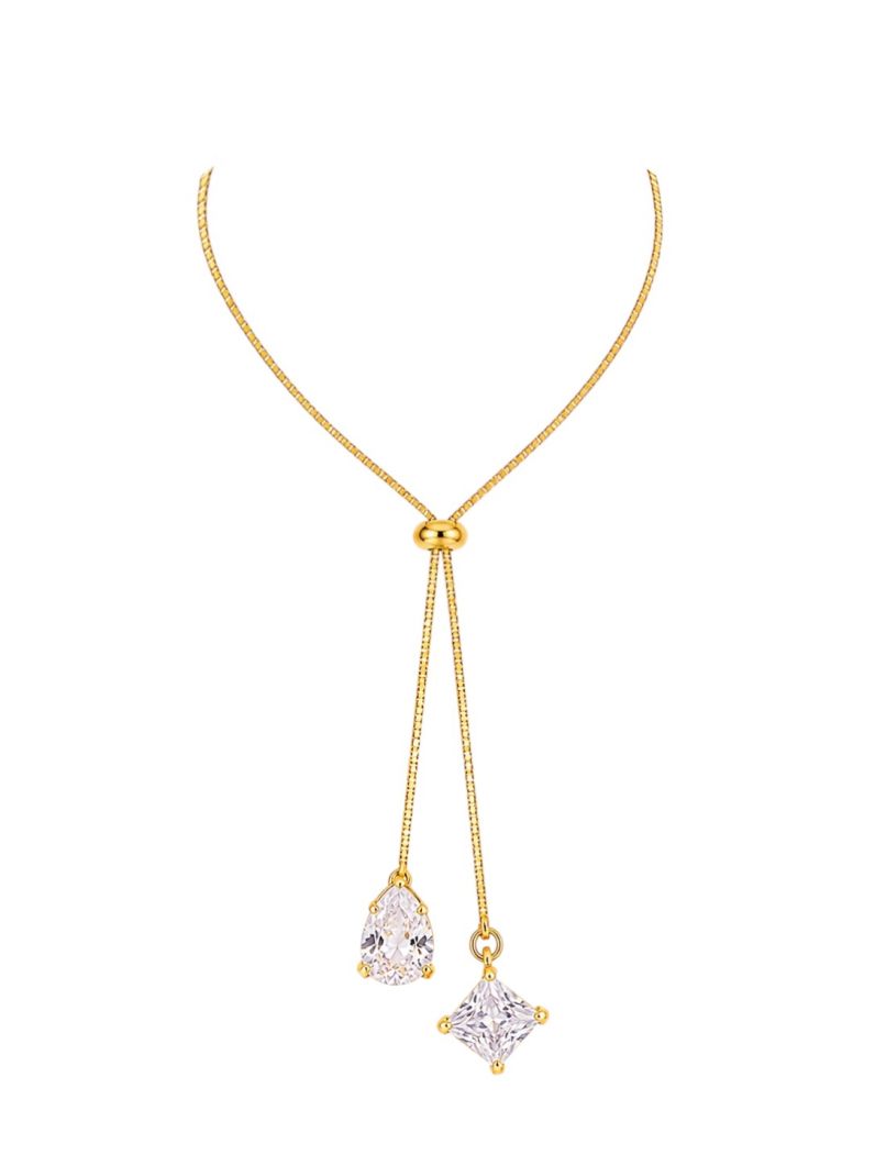 Colar Folheado a Ouro 18k Larit Com Gota e Quadrado Cristal