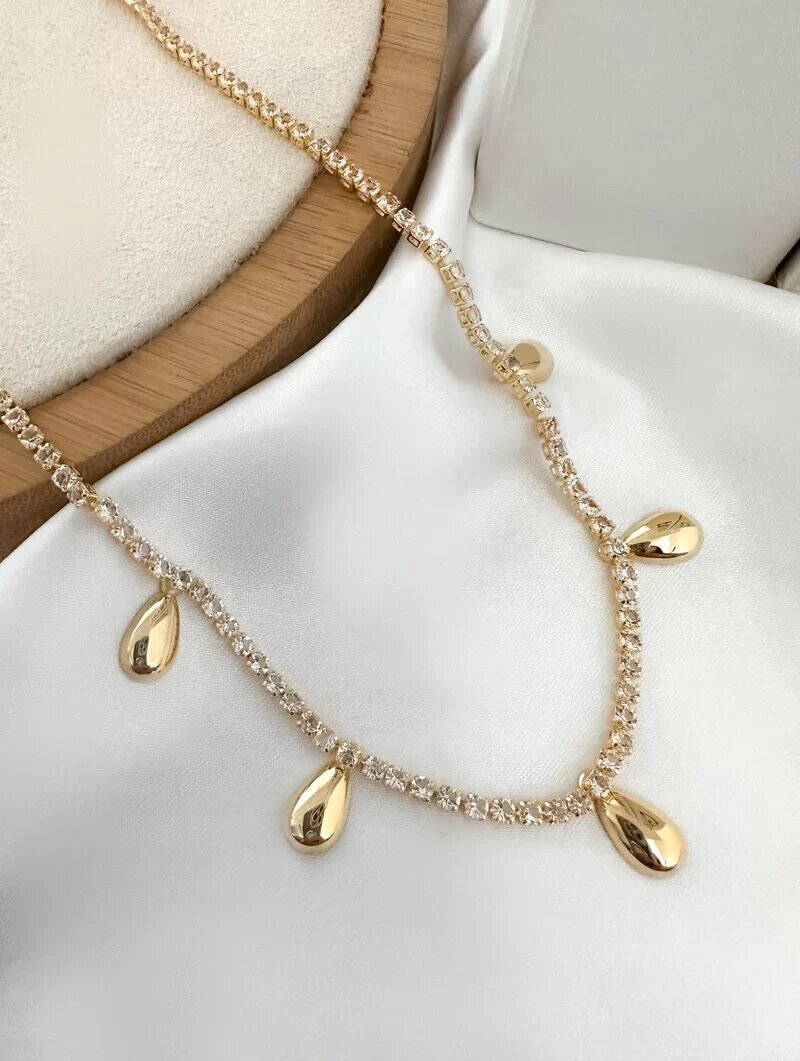 Colar Folheado a Ouro 18k Micro Zircônias com Gotas Lisas