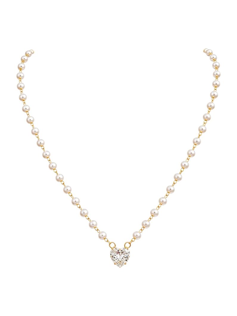 Colar Folheado a Ouro 18k Pérola Com Coração Cristal