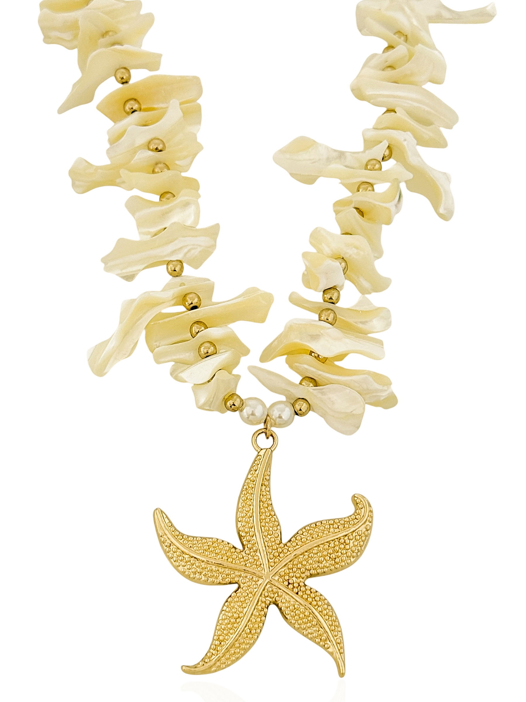 Colar Folheado a Ouro 18k Pérolas, Pedras e Estrelas do Mar