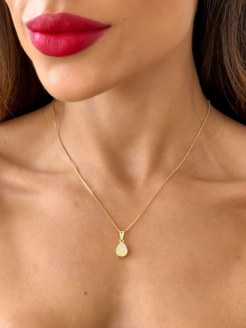 Colar Folheado a Ouro 18k Veneziana Com Gota Micro Zirconia
