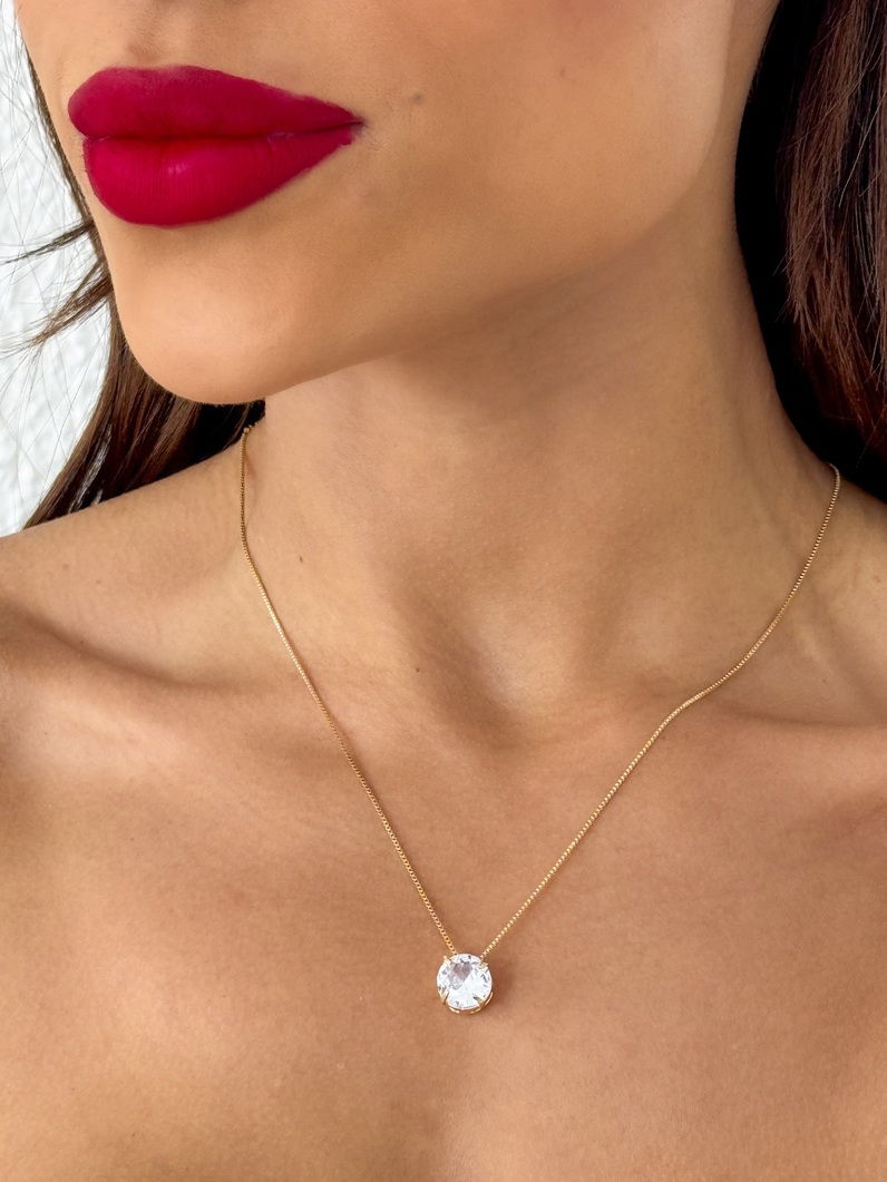 Colar Folheado a Ouro 18k Veneziana Com Pingente Cristal