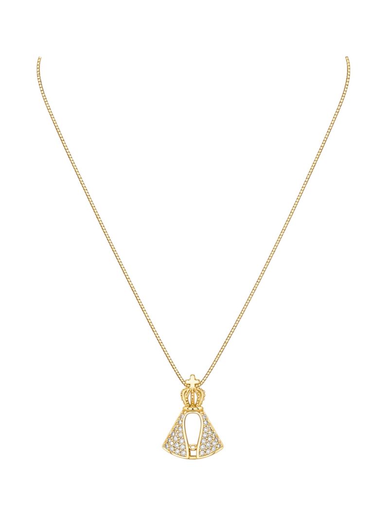 Colar Folheado a Ouro 18k Veneziana Com Pingente Nossa Senhora Cravejado
