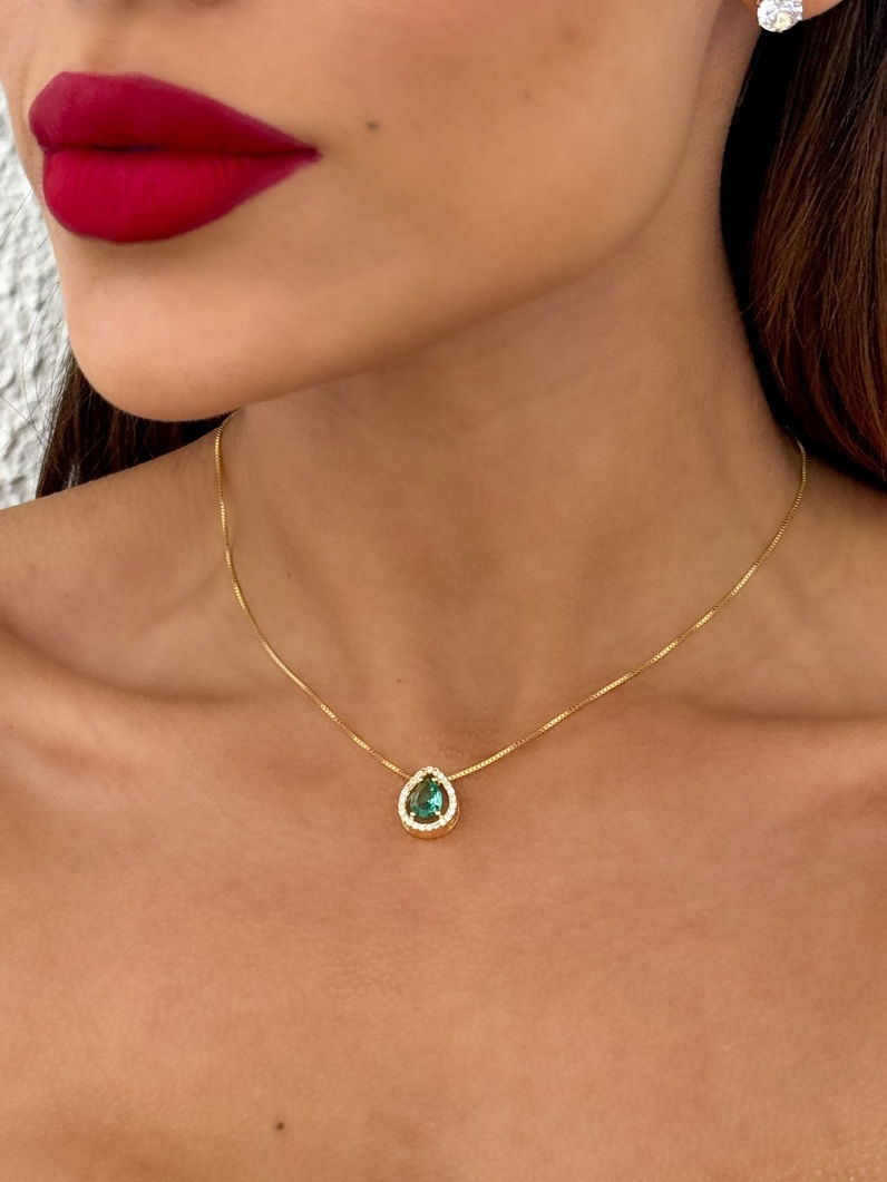 Colar Folheado a Ouro 18k Veneziana Gota Cristal Com Borda Cravejada