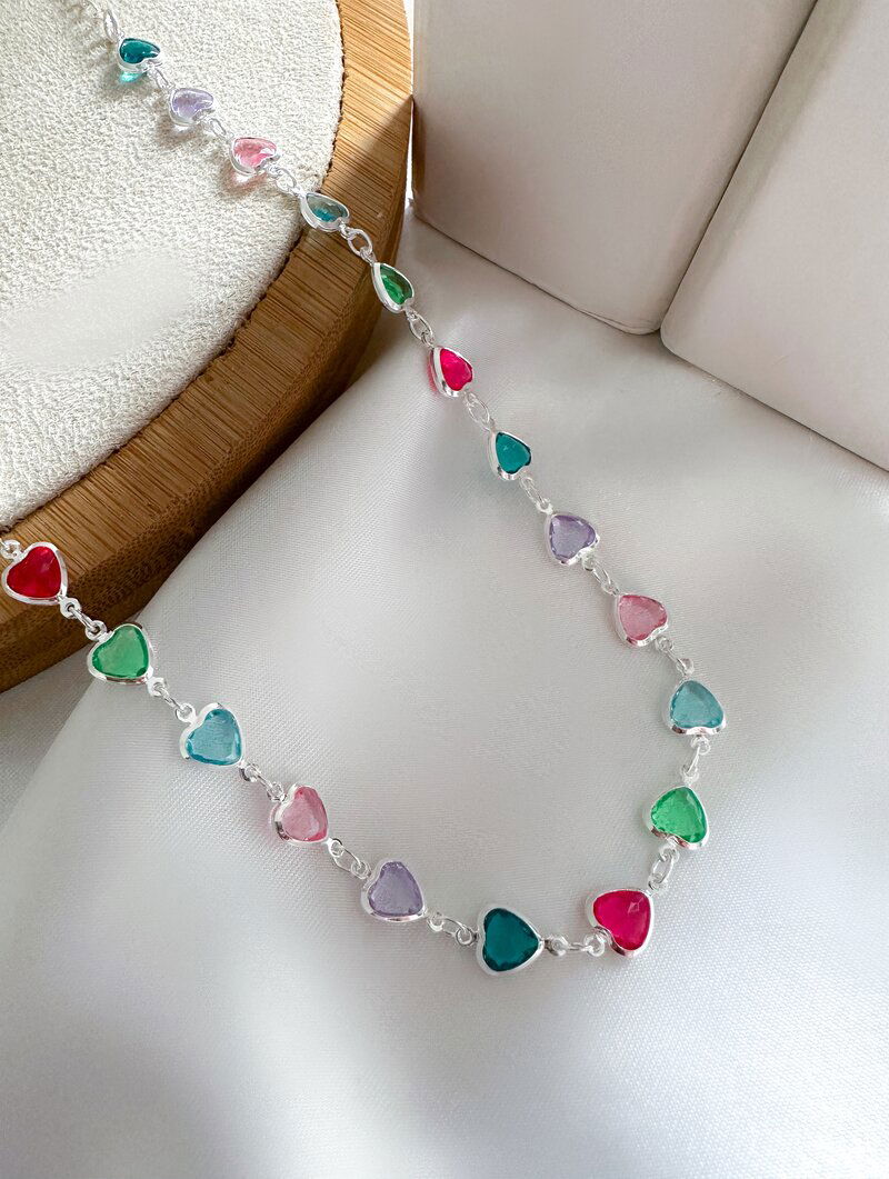 Colar Folheado a Prata 925 Corações Coloridos