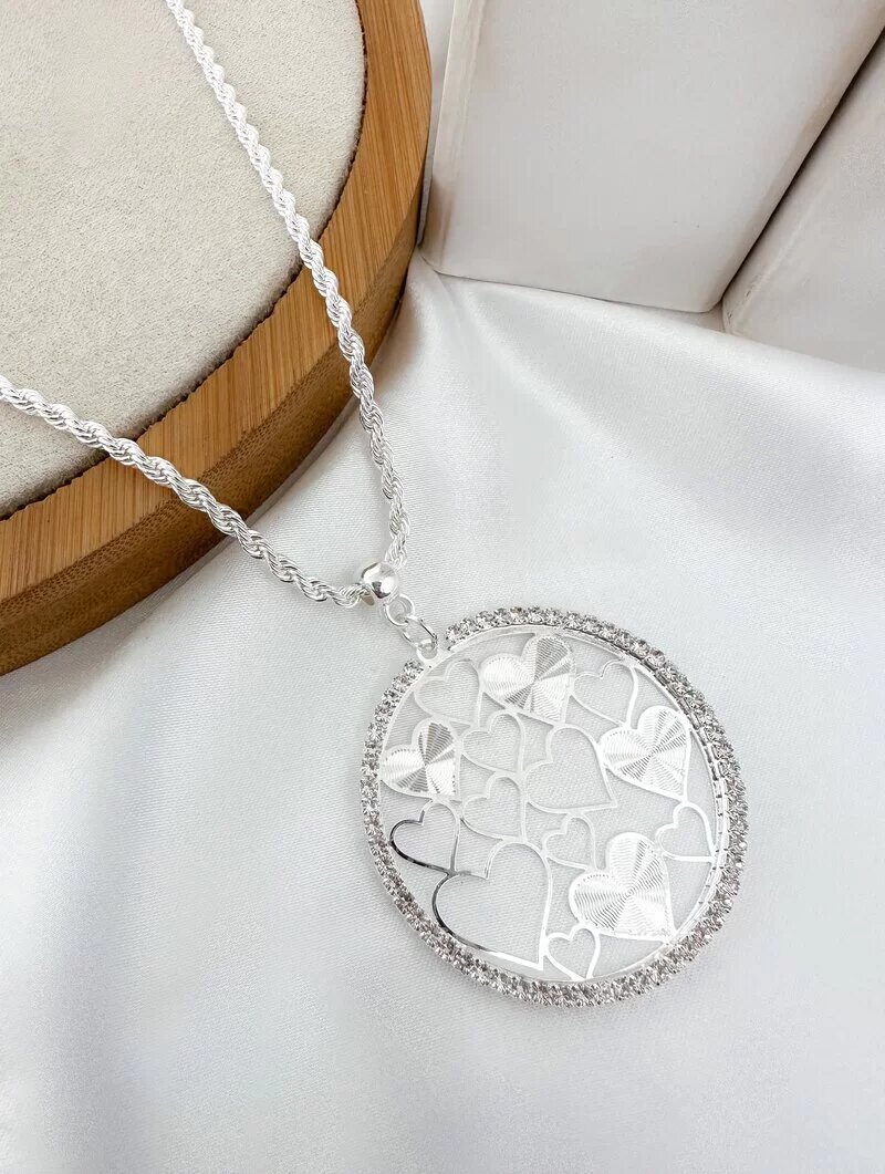Colar Folheado a Prata 925 Cordão Baiano com Pingente Detalhe Corações