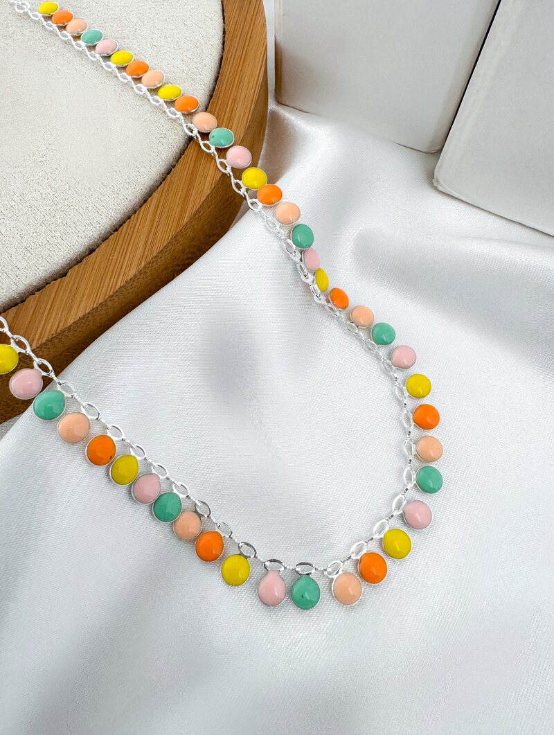 Colar Folheado a Prata 925 Pingentes Coloridos Resinados