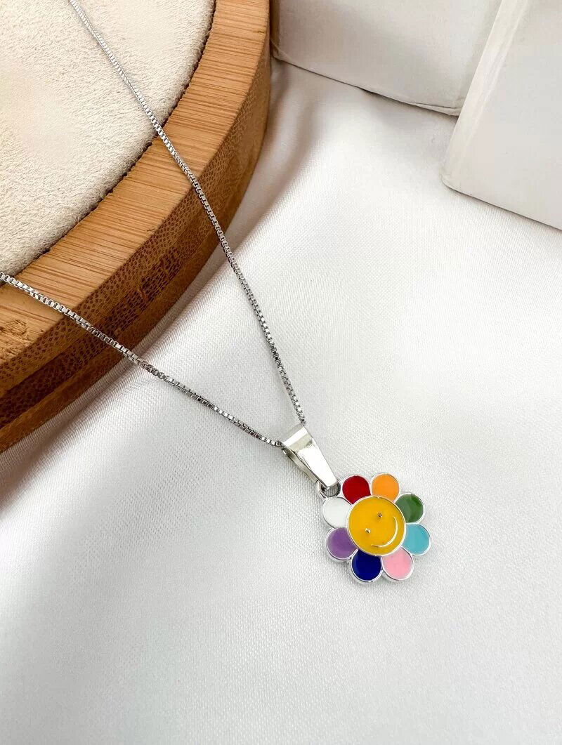 Colar Folheado a Prata com Pingente Flor Colorida