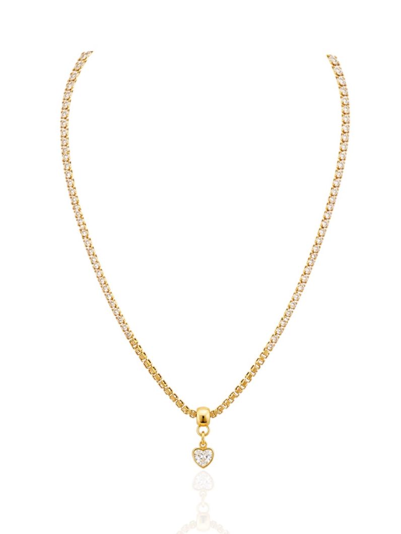 Colar Folheado Ouro 18k Cordão de Zircônia Com Coração Cristal