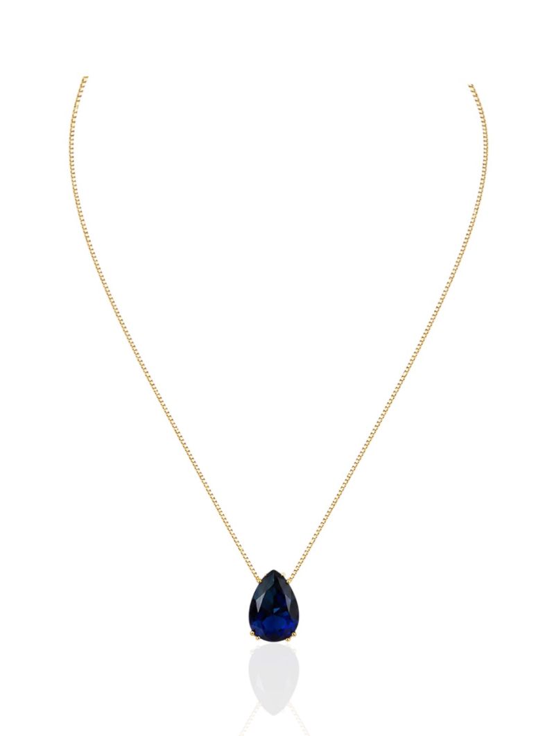 Colar Folheado Ouro 18k Gota Cristal Azul