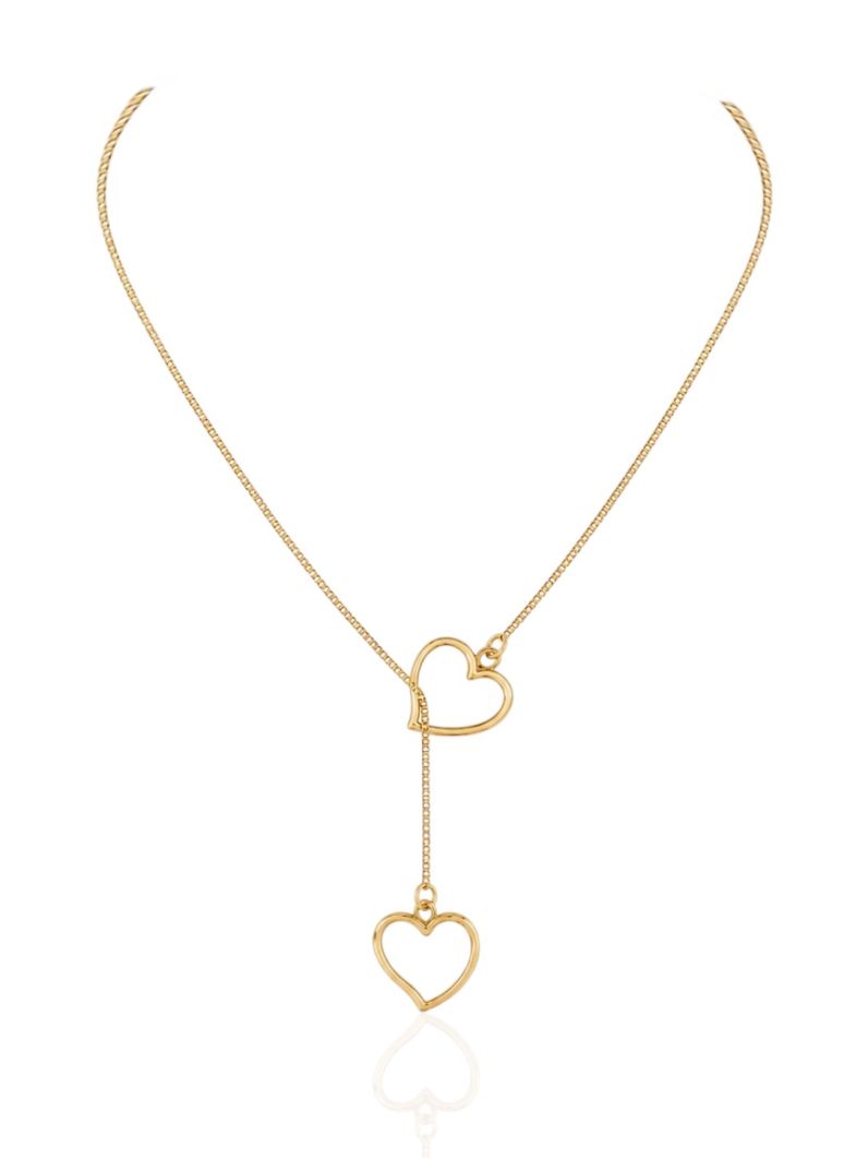 Colar Folheado Ouro 18k Lariat Coração Vazado