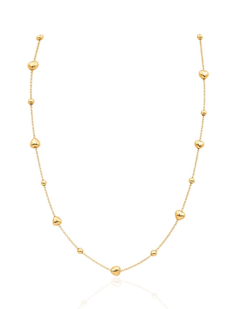 Colar Folheado Ouro 18k Longo Corações e Esferas