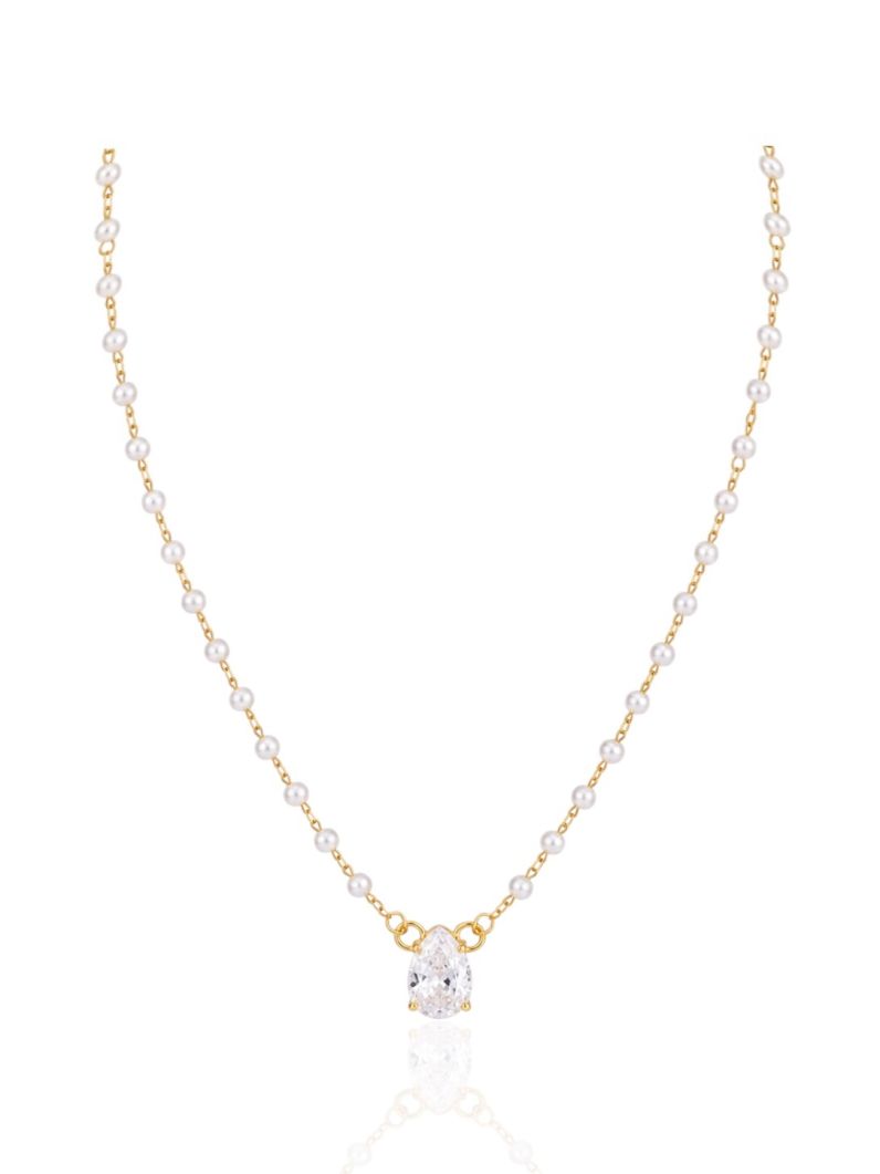 Colar Folheado Ouro 18k Pérolas e Gota Cristal