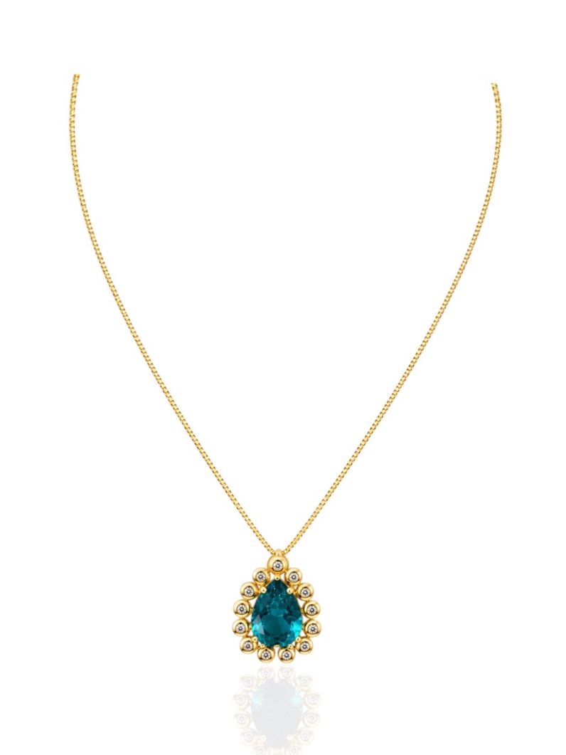 Colar Folheado Ouro 18k Veneziana Pingente Gota Cristal Azul