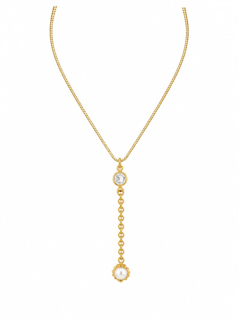 Colar Folheado Ouro 18k Veneziana Ponto de Luz e Pérola