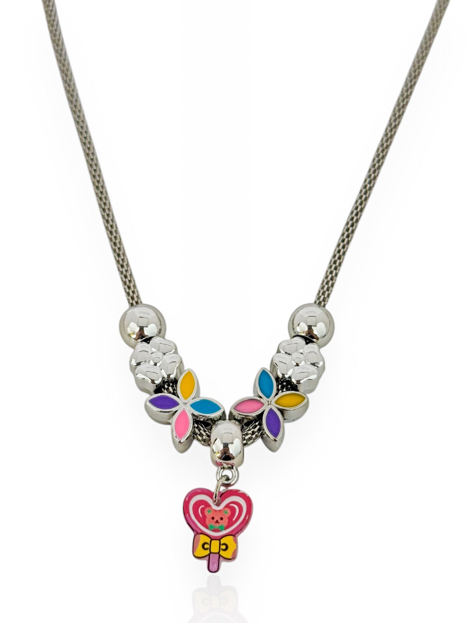 Colar Infantil Folheado a Prata 925 Com Berloques Coloridos e Lisos