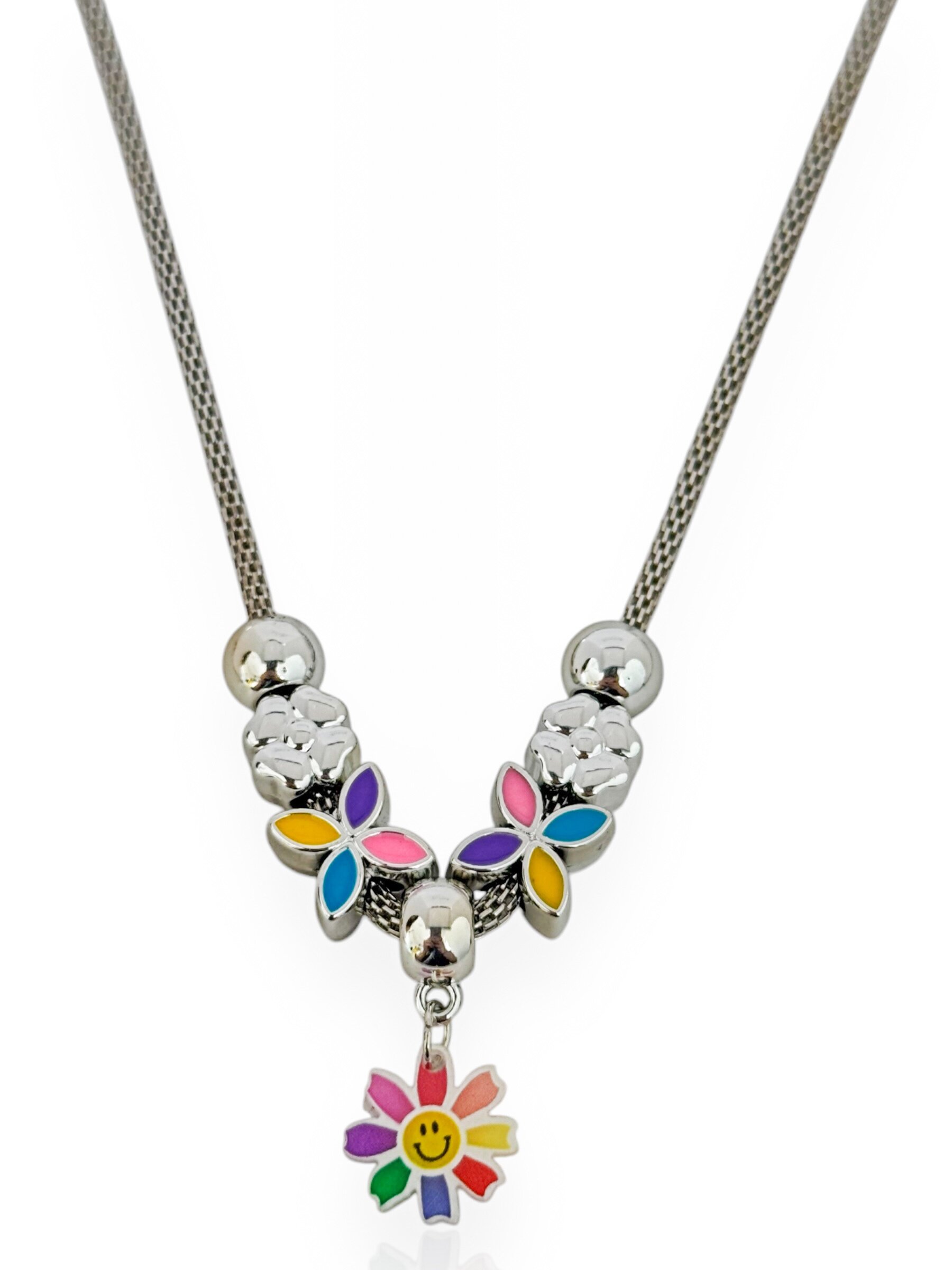 Colar Infantil Folheado a Prata 925 Com Berloques Coloridos e Lisos