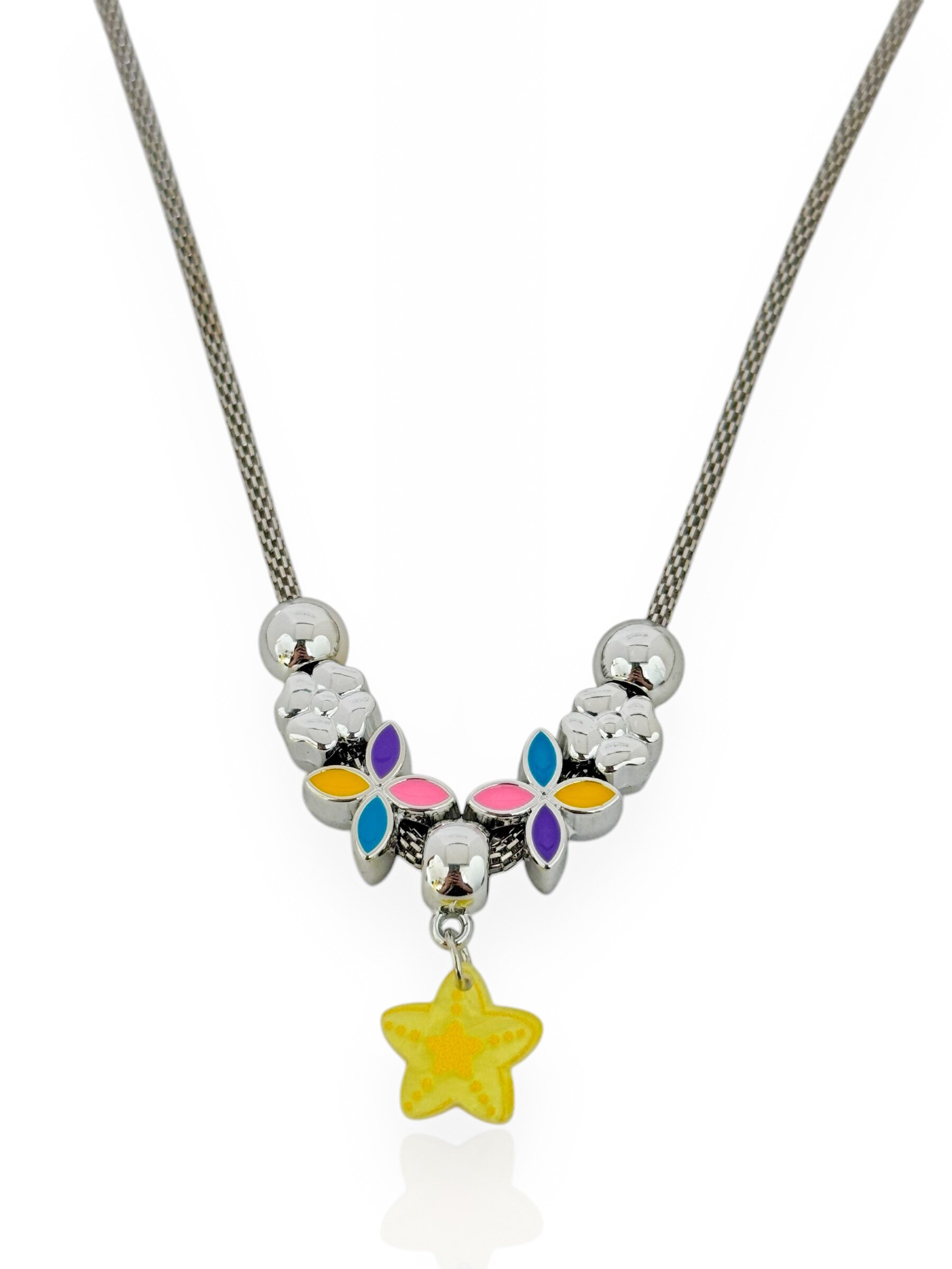 Colar Infantil Folheado a Prata 925 Com Berloques Coloridos e Lisos