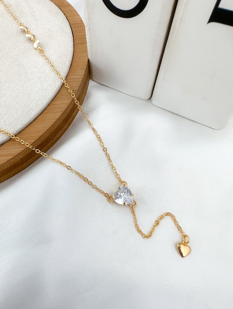 Colar Lariat Folheado a Ouro 18k Coração de Zircônia