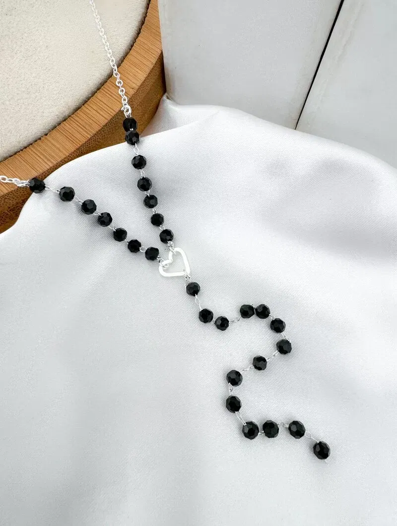 Colar Lariat Folheado a Prata 925 com Cristais Preto