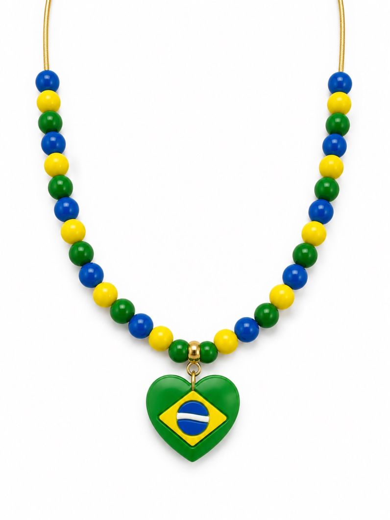 Colar Missangas Coloridas e Pingente Bandeira do Brasil