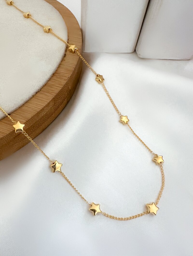 Colar Riviera Folheado a Ouro 18k e Prata Corrente Fina com Estrelas Lisas