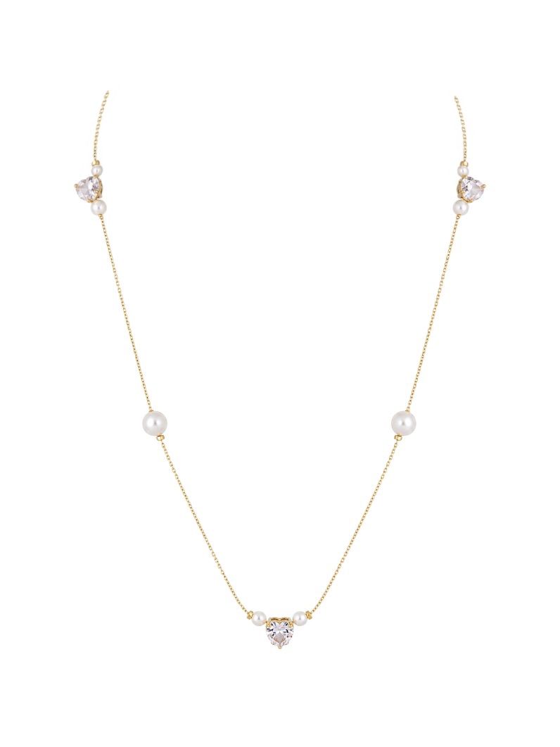 Colar Riviera Folheado Ouro 18k Pérolas e Coração Cristal