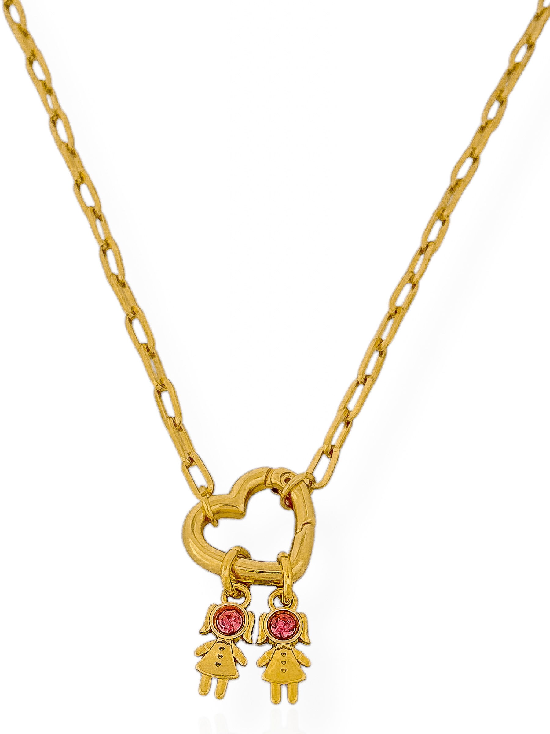 Colar Semi Joia Com Elo Coração Com Duas Menina Cristal Pink