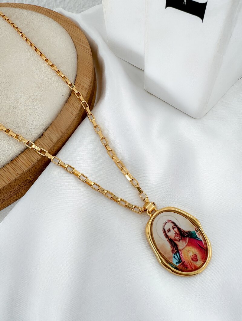 Colar SemiJoia Masculino Elo Quadrado Pingente Jesus Cristo