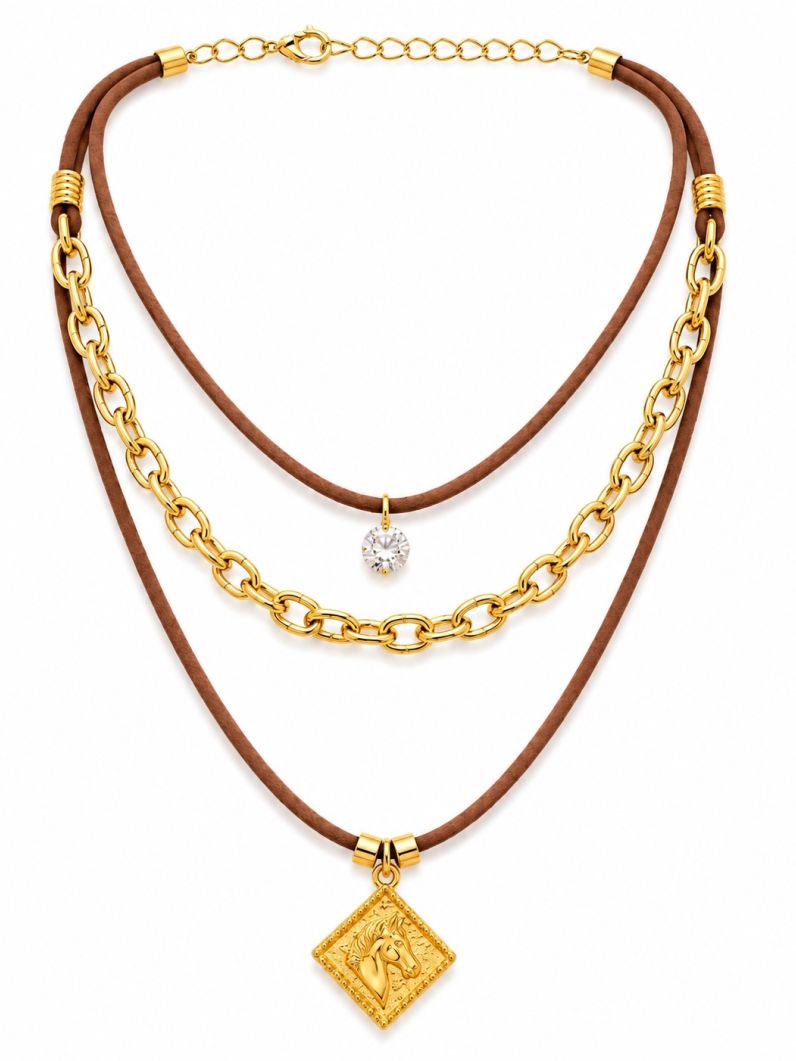 Colar Triplo Boho Folheado a Ouro 18k Ponto de Luz e Country