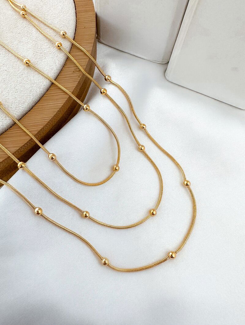 Colar Triplo Folheado a Ouro 18k e Prata 925 Cordão com Micro Esferas Lisas