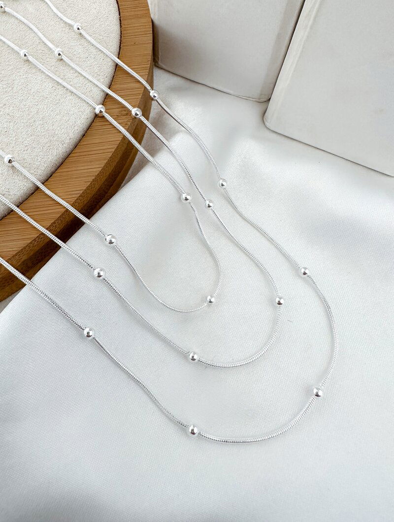 Colar Triplo Folheado a Ouro 18k e Prata 925 Cordão com Micro Esferas Lisas