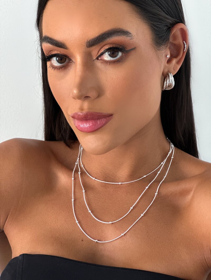 Colar Triplo Folheado a Ouro 18k e Prata 925 Cordão com Micro Esferas Lisas