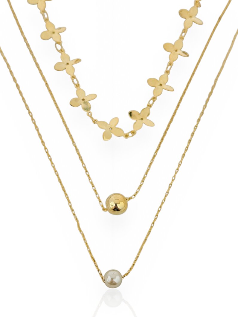 Colar Triplo Folheado a Ouro 18k e Prata 925 Flor, Esfera e Pérola