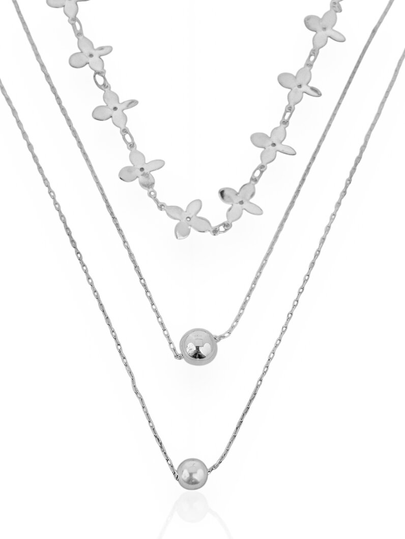 Colar Triplo Folheado a Ouro 18k e Prata 925 Flor, Esfera e Pérola