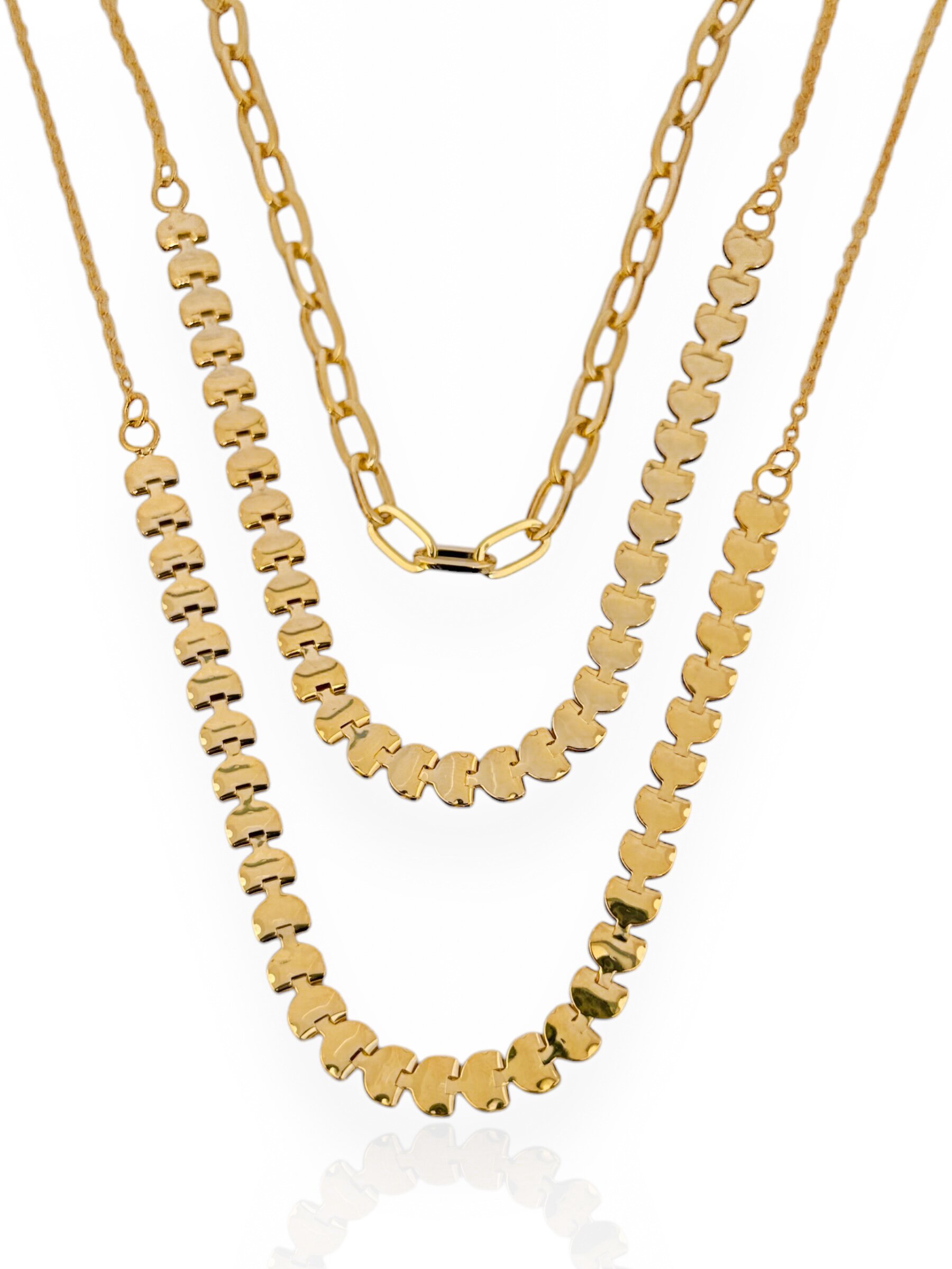 Colar Triplo Folheado a Ouro Com elos e Placas