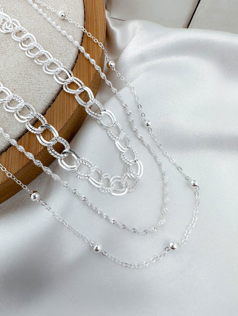 Colar Triplo Folheado a Prata 925 Cordão Torcido e Elos Duplo