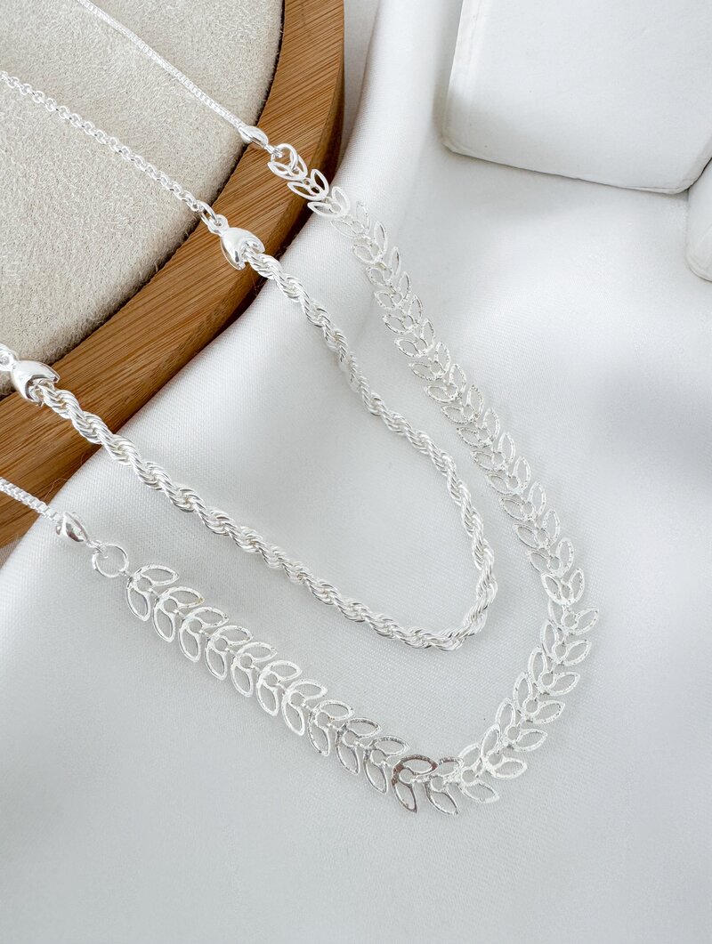 Colar Duplo Folheado a Prata 925 Cordão Baiano com Escamas Vazadas