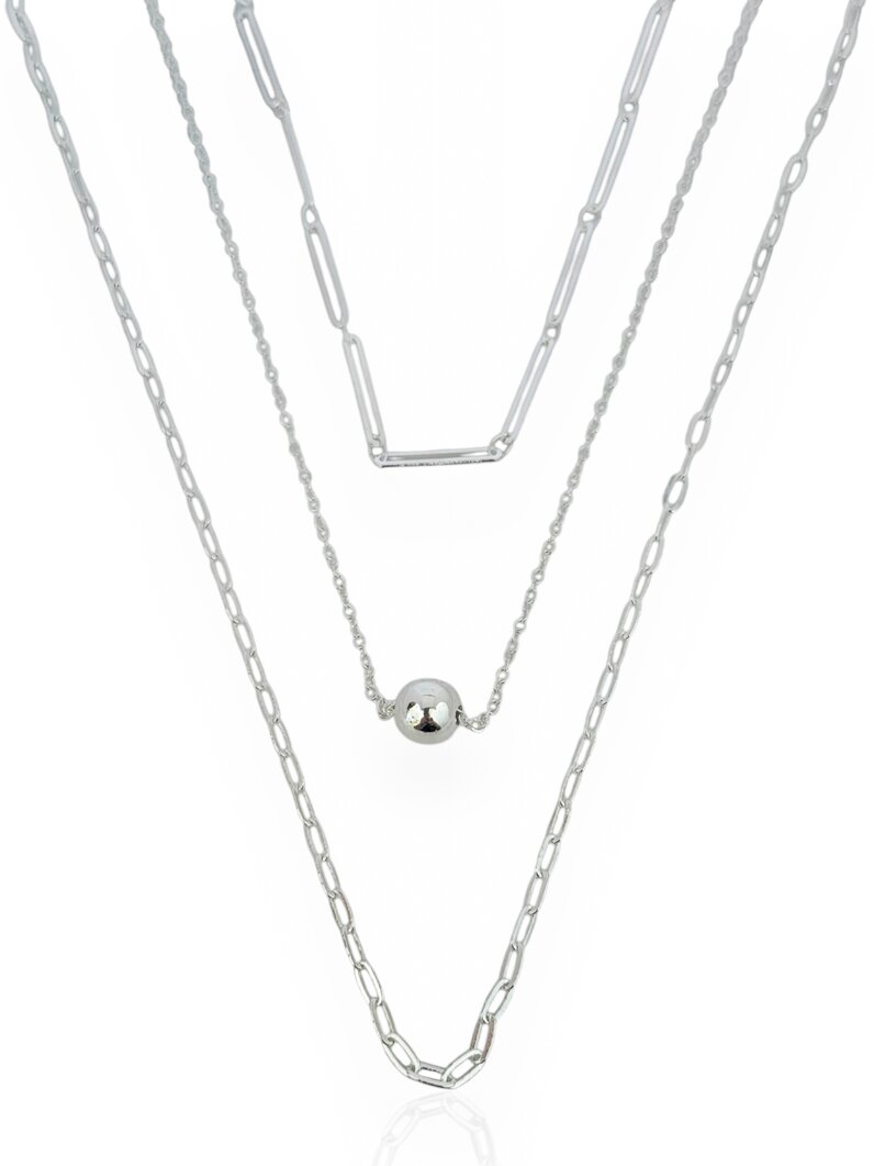 Colar Triplo Folheado a Prata Elos Com Esfera