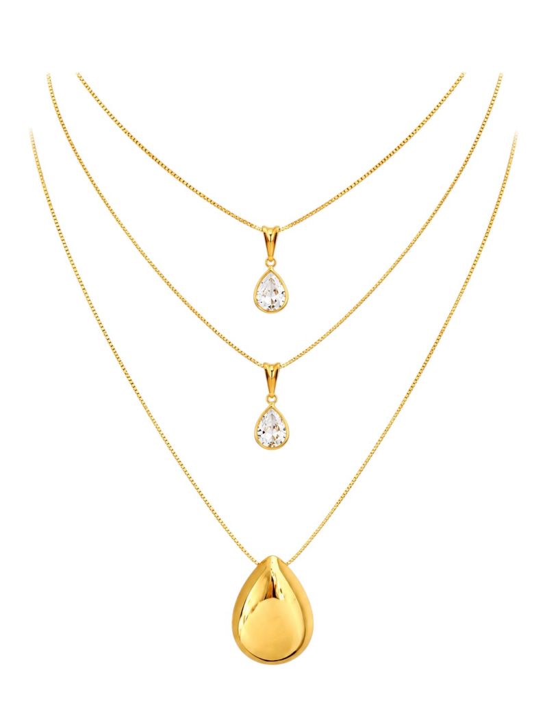 Colar Triplo Folheado Ouro 18k Gota Cristal e Lisa
