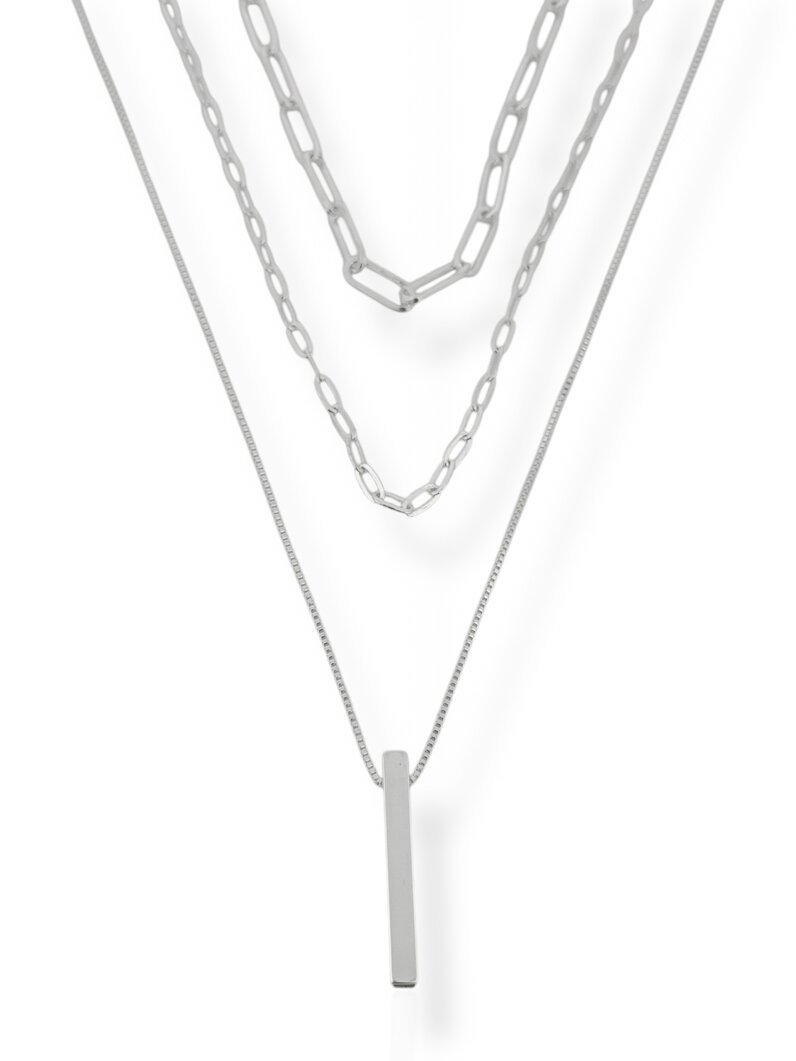Colar Triplo Folhado a Prata Elos com Pingente em formato Geométrico
