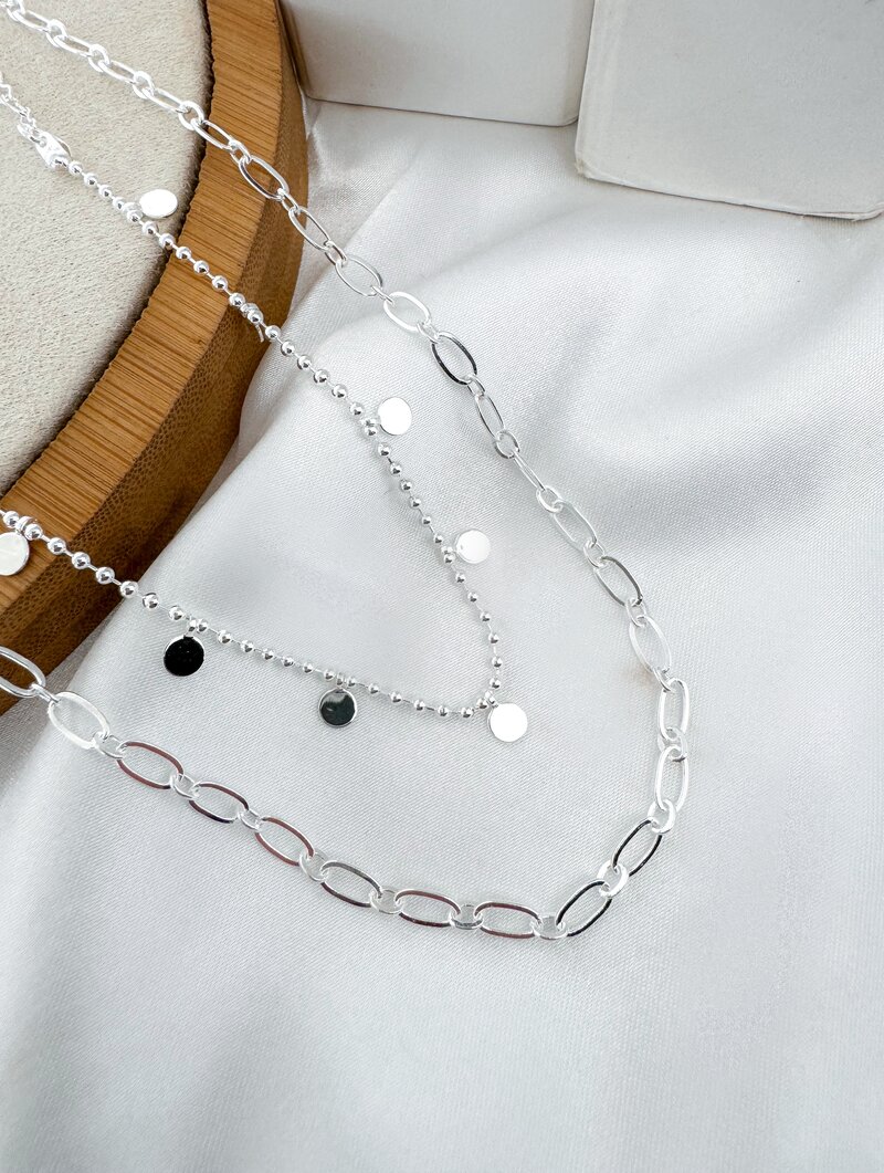 Colar Duplo Folheado a Prata 925 Elos com Chapinhas Lisas