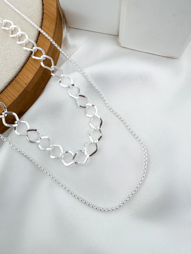 Colar Duplo Folheado a Prata 925 Rabo de Tatu com Elos Hexagonais