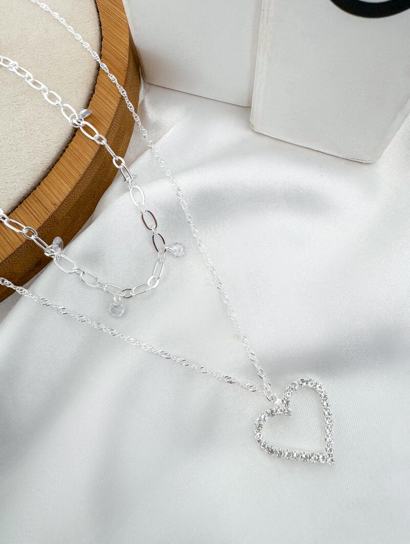 Colar Duplo Folheado a Prata 925 Elos com Cristais e Coração Cravejado