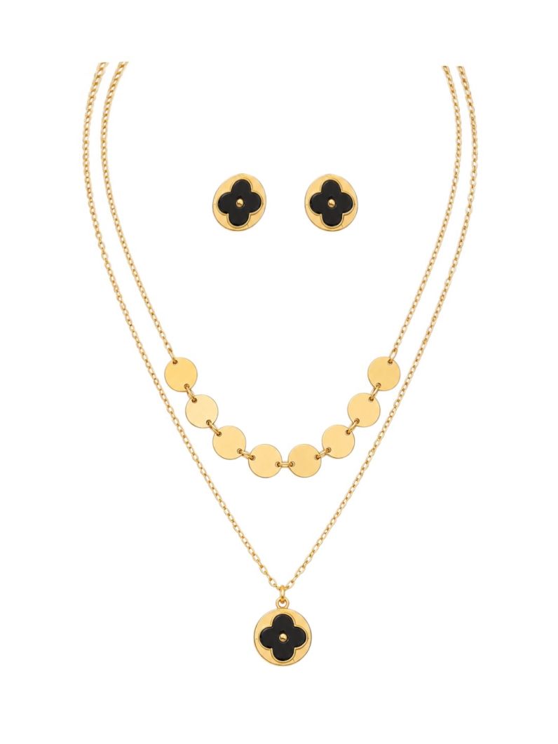 Conjunto Aço Inoxidavel Colar Duplo e Brinco Folheado a Ouro 18k Inspiração Vg Resinado Preto Com Circulos Lisos