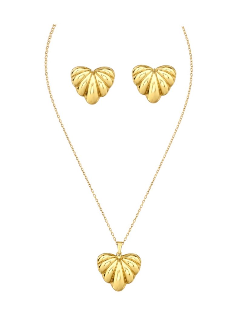 Conjunto Aço Inoxidavel Colar e Brinco Folheado a Ouro 18k Coração Desenhado