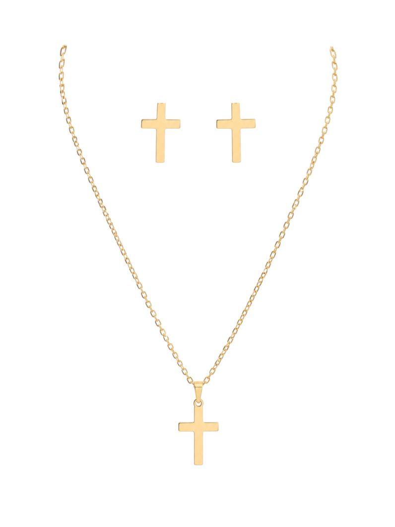 Conjunto Aço Inoxidável Colar e Brinco Folheado a Ouro 18k Cruz