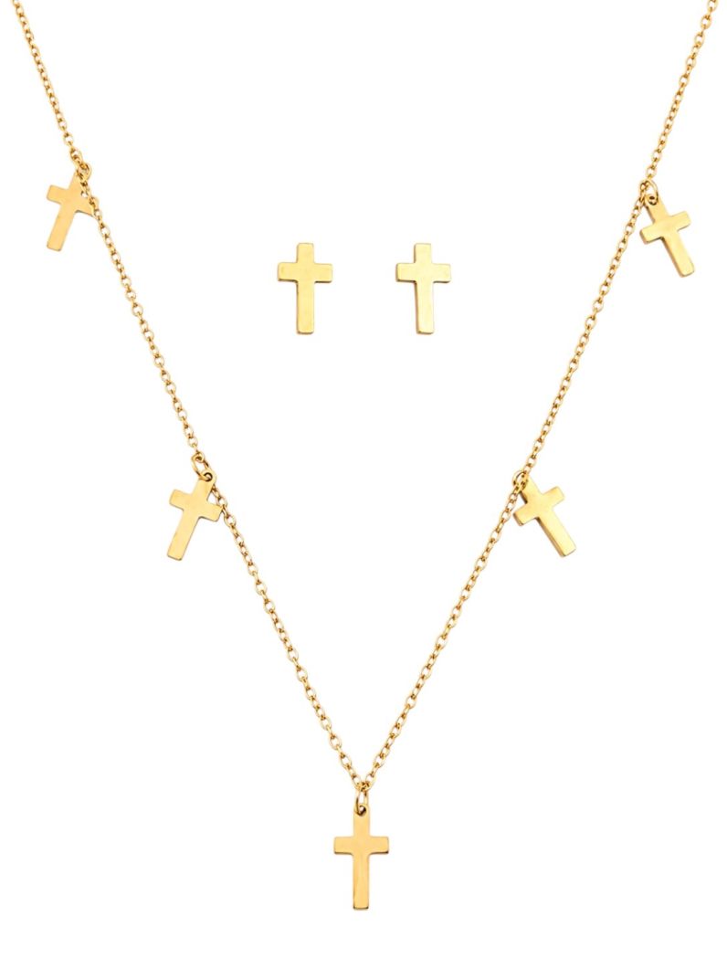 Conjunto Aço Inoxidavel Colar e Brinco Folheado a Ouro 18k Cruz Lisas