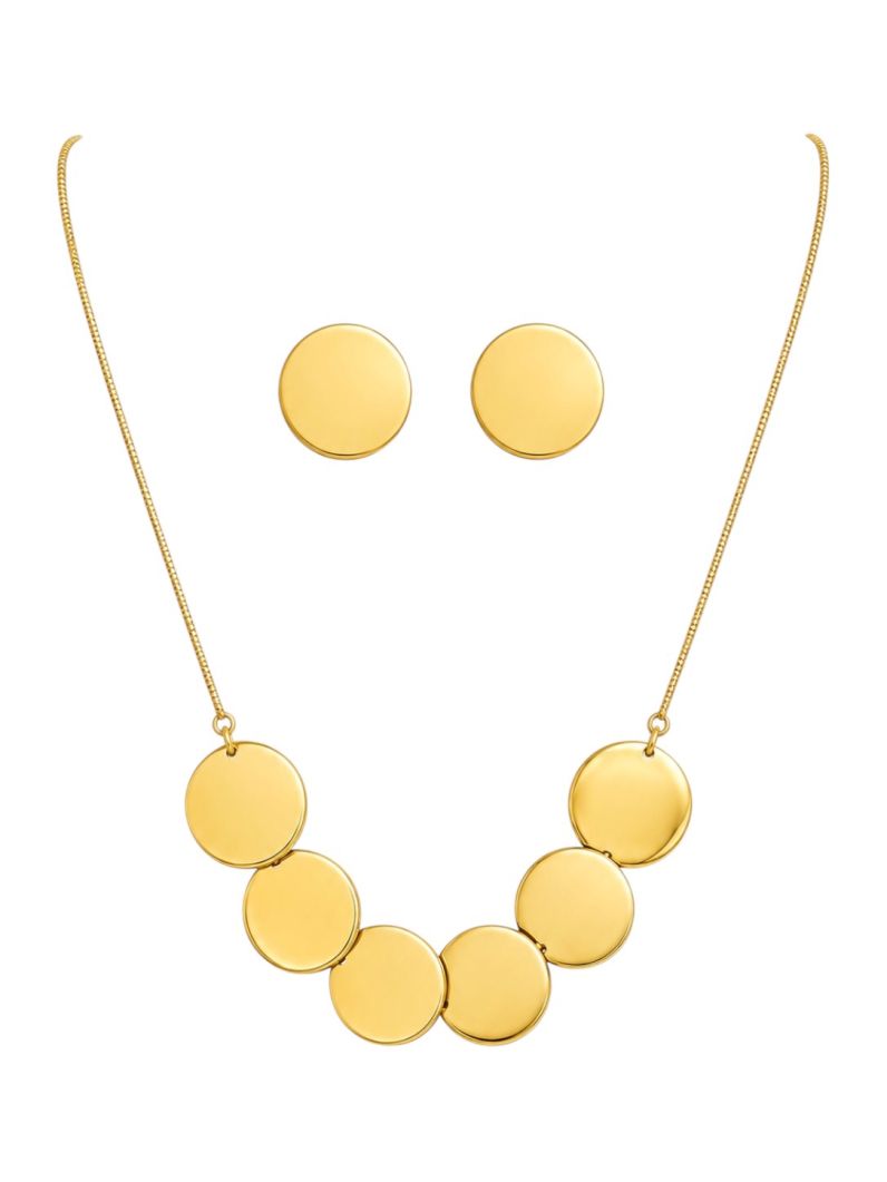Conjunto Aço Inoxidavel Colar e Brinco Folheado a Ouro 18k e Prata Circulos